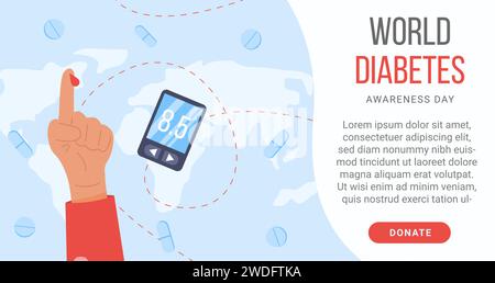 Banner für den Welttabetestag mit einer Weltkarte im Hintergrund. Arm und Finger mit Bluttropfen und digitalem Glucometer. Diabetesblut Stock Vektor