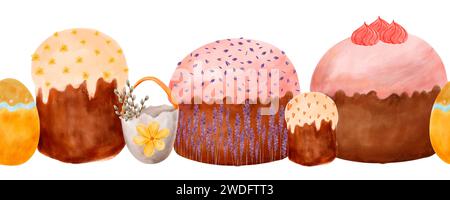 Nahtlose Borte mit FrühlingsOstern, Osterkuchen mit Glasur, Frühlingsdekor mit Eiern und Blumen in Aquarellfarben. Aquarellrand mit Ostereiern für Stockfoto