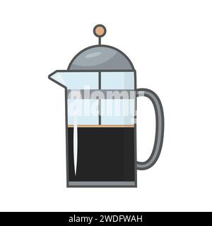 Französischer Wasserkocher. Umrisssymbol für gefüllte Kaffeekanne, lineares, farbenfrohes Piktogramm auf weiß. Alternative Brühmethoden. Symbol, Logo Illustrati Stock Vektor