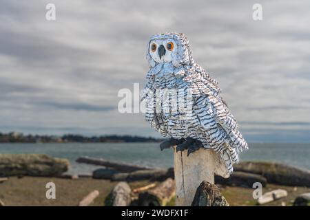 Holzskulpturen entlang der Esquimalt Lagoon, Victoria, Vancouver Island, British Columbia, Kanada. Stockfoto