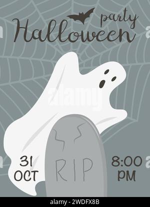 Flyer des Halloween-Events mit gruseligen Gespenstern und Grabstein auf dem Friedhof. Tagesposter Allerheiligen. Web und Fledermäuse. Werbevorlage für das Kostüm vom 31. oktober Stock Vektor
