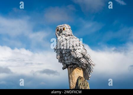 Holzskulpturen entlang der Esquimalt Lagoon, Victoria, Vancouver Island, British Columbia, Kanada. Stockfoto