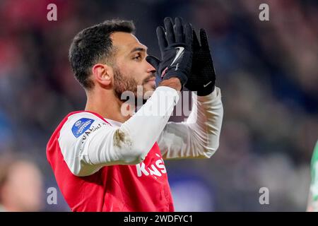 Alkmaar, Niederlande. Januar 2024. ALKMAAR, NIEDERLANDE - 20. JANUAR: Vangelis Pavlidis von AZ Alkmaar gestuert während des niederländischen Eredivisie-Spiels zwischen AZ und PEC Zwolle im AFAS Stadion am 20. Januar 2024 in Alkmaar, Niederlande. (Foto von Patrick Goosen/Orange Pictures) Credit: dpa/Alamy Live News Stockfoto