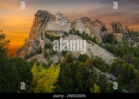 Mount Rushmore National Memorial at Sunset, Keystone, SD, USA. Stockfoto