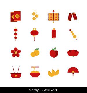 Satz flacher Symbole für das chinesische Neujahr. Elemente der asiatischen Kultur. Festlicher Wohlstand, der Zeichen bringt. Glückskekse, Straßenlaternen, Geld in rotem Envel Stock Vektor