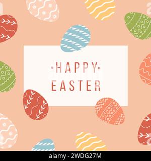 Happy Easter Square Banner mit verschiedenen Ornamenten Eier auf dem Hintergrund. Festliche Grußkarte Vorlage. Illustration des flachen Vektors für Feder Stock Vektor