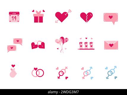 Set niedlicher, isolierter Symbole. Alles Gute zum Valentinstag. Love Line Icons Kollektion. Flache farbige Symbole für Dating, Hochzeit und romantische Unterhaltung Stock Vektor