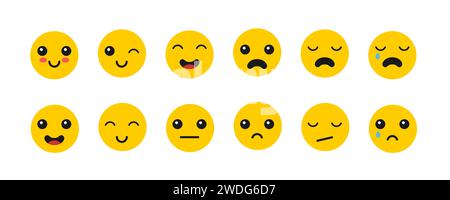 Süße glückliche und traurige Emoji-Smiley-Emotionen. Japanischer Stil Zeichentrickfilm Emoji Vektor Illustration Set. Stock Vektor