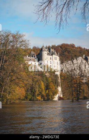 Mittelalterliche Burg Walzin am Ufer der Lesse in der wallonischen Region Südbelgiens. Das im gotischen Stil erbaute Schloss steht auf einem steilen Felsen im Stockfoto