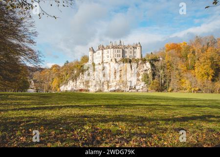 Mittelalterliche Burg Walzin am Ufer der Lesse in der wallonischen Region Südbelgiens. Das im gotischen Stil erbaute Schloss steht auf einem steilen Felsen im Stockfoto