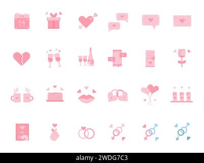 Große Auswahl an niedlichen, isolierten Symbolen in verblasstem Rosa. Happy Valentines Day Schilder. Love Line Icons Kollektion. Flache farbige Symbole für Dating, Weddin Stock Vektor