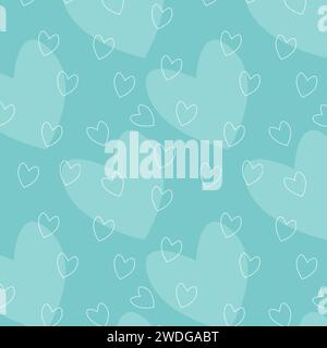 Nahtloses Wiederholungsmuster in Türkis mit herzförmigen Figuren, gefüllt und umrissen. Vektor-Illustration für Valentinstag oder Hochzeit. Romantische Wrap-Lo Stock Vektor