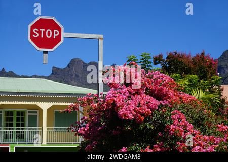 Farbenfrohes typisches Holzhaus auf der tropischen Insel La Réunion, Frankreich mit einem üppigen Garten an einem Schild mit einem hohen Halt im Berg Stockfoto