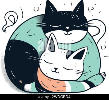 Niedliche Hand gezeichnete Vektor-Illustration von zwei Katzen, die in einem Kreis schlafen. Stock Vektor