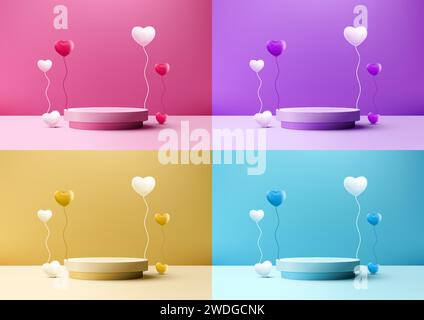 Mit diesem realistischen 3D-Podium-Mockup zum Valentinstag werden Bilder zum Valentinstag angezeigt. Mit einem farbenfrohen Hintergrund, Herzballons und einer modernen Bühne ist es perfekt für Stock Vektor