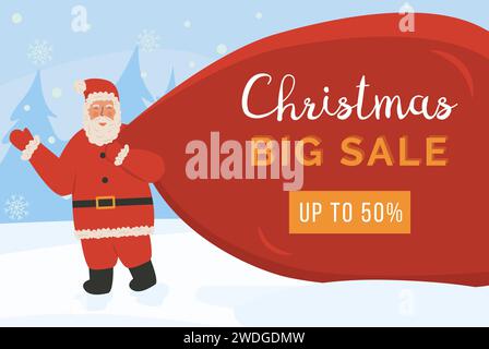 Weihnachtsgeschäft Banner mit niedlichem winkenden Weihnachtsmann, der große Geschenktüte auf Winterhintergrund trägt. Claus mit einer riesigen Tasche auf der Flucht, um weihnachtsgeschenke bei s zu liefern Stock Vektor