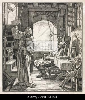 „Der Tod als Freund“ 1851 Holzschnitt von Alfred Rethel (1816-1859), der den Tod zeigt, der die Glocke für einen älteren christlichen Mann tönt, der bei Sonnenuntergang friedlich auf seinem Stuhl im Glockenturm schläft. Stockfoto