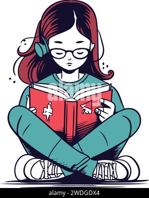 Mädchen liest ein Buch mit Kopfhörern. Vektorillustration im Cartoon-Stil. Stock Vektor