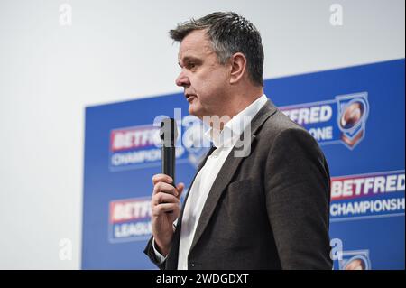 Wakefield, England, 19. Januar 2024: Mark Pearson Head of Media bei Betfred. Rugby League Championship, League One & 1895 Cup. Staffel Launch und Media Day im DIY Kitchens Stadium, Wakefield, UK Dean Williams Stockfoto