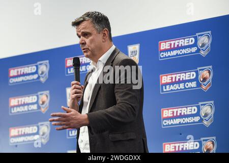 Wakefield, England, 19. Januar 2024: Mark Pearson Head of Media bei Betfred. Rugby League Championship, League One & 1895 Cup. Staffel Launch und Media Day im DIY Kitchens Stadium, Wakefield, UK Dean Williams Stockfoto