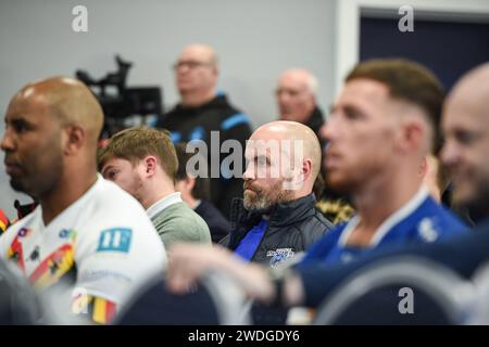Wakefield, England – 19. Januar 2024 – Halifax Panthers Cheftrainer Liam Finn. Rugby League Championship, League One & 1895 Cup. Staffel Launch und Media Day im DIY Kitchens Stadium, Wakefield, UK Dean Williams Stockfoto
