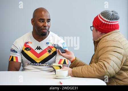 Wakefield, England - 19. Januar 2024 - Michael Lawrence von Bradford Bulls spricht mit Medien. Rugby League Championship, League One & 1895 Cup. Staffel Launch und Media Day im DIY Kitchens Stadium, Wakefield, UK Dean Williams Stockfoto