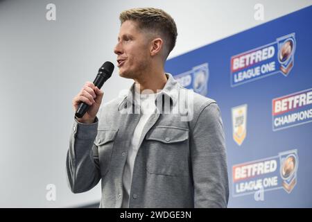 Wakefield, England - 19. Januar 2024 - Ross Fiddes präsentiert. Rugby League Championship, League One & 1895 Cup. Staffel Launch und Media Day im DIY Kitchens Stadium, Wakefield, UK Dean Williams Stockfoto