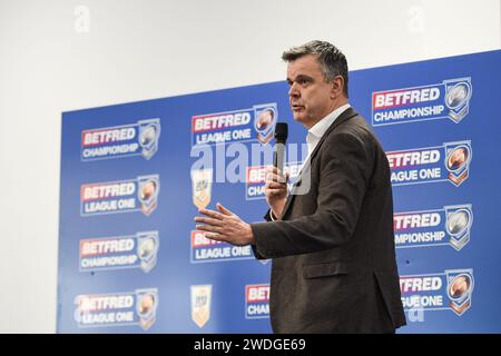 Wakefield, England, 19. Januar 2024: Mark Pearson Head of Media bei Betfred. Rugby League Championship, League One & 1895 Cup. Staffel Launch und Media Day im DIY Kitchens Stadium, Wakefield, UK Dean Williams Stockfoto