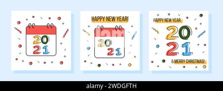 Set aus farbenfrohen Happy New Year 2021 und frohe Weihnachten Grußkarte mit geometrischen linearen Symbolen und Konfetti auf weißem Hintergrund. Festlicher STYLE Stock Vektor