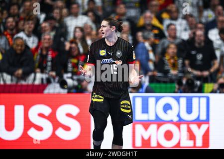 Köln, Deutschland. Januar 2024. Handball: Europameisterschaft, Deutschland - Österreich, Hauptrunde, Gruppe 1, Spieltag 2, Lanxess Arena. Juri Knorr in Deutschland. Quelle: Tom Weller/dpa/Alamy Live News Stockfoto