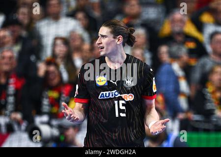 Köln, Deutschland. Januar 2024. Handball: Europameisterschaft, Deutschland - Österreich, Hauptrunde, Gruppe 1, Spieltag 2, Lanxess Arena. Juri Knorr in Deutschland. Quelle: Tom Weller/dpa/Alamy Live News Stockfoto