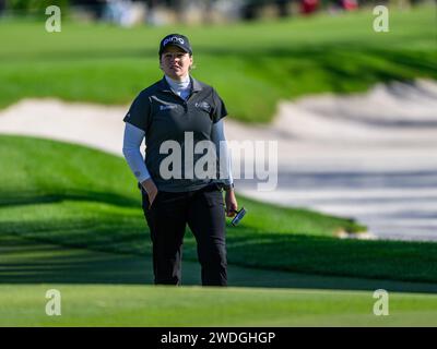 Orlando, FL, USA. Januar 2024. Ally Ewing nähert sich dem 18. Grün während der dritten Runde des Hilton Grand Vacations Tournament of Champions im Lake Nona Golf & Country Club in Orlando, FL. Romeo T Guzman/CSM/Alamy Live News Stockfoto