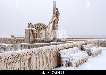 Winterwunderland, Port Stanley Pier bedeckt mit Eiszapfen vom Lake Erie, Eiszapfen, extreme Winterwetter-Szene, Ontario, Kanada Stockfoto