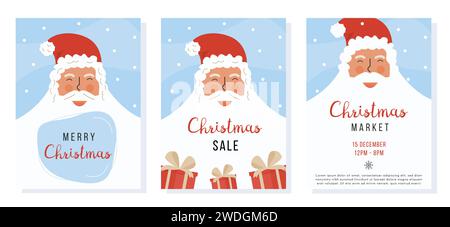 Sammlung von Vektor-Weihnachtsgrußkarte mit niedlichem Weihnachtsmann. Postkartenset für Silvester 2021 und Weihnachtsmarkt. Set von Winterferien Post Stock Vektor