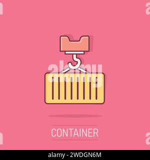 Container-Symbol im Comic-Stil. Cartoon-Vektor-Illustration der Lieferung auf isoliertem Hintergrund. Geschäftskonzept „Splash Effect“ für Frachtkästen. Stock Vektor