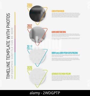 Vector Infografik einfache minimalistische Timeline-Vorlage aus kreisförmigen Foto-Platzhaltern mit Textinhalt - helle vertikale Version mit Bildern Stock Vektor