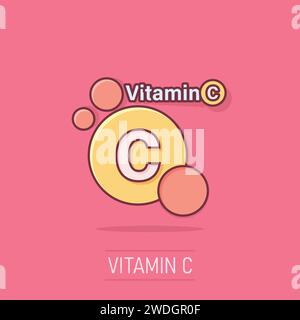Vitamin-C-Ikone im Comic-Stil. Pillenkapsel Cartoon Vektor Illustration auf isoliertem Hintergrund. Arzneimittelspritzeffekt-Geschäftskonzept. Stock Vektor