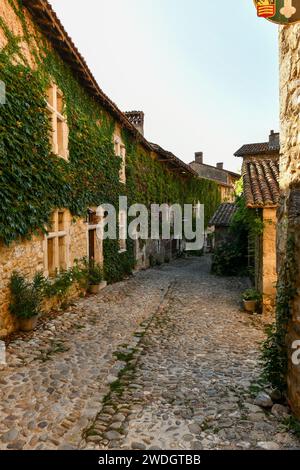 Wunderschöner Blick auf die malerische enge Gasse mit historischen Steinhäusern und Kopfsteinpflasterstraße in der Altstadt von Perouge in Frankreich. Stockfoto