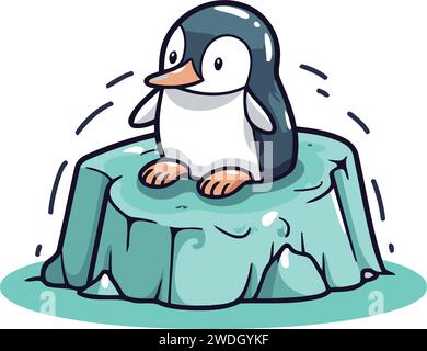 Süßer Pinguin, der auf Eiswürfel sitzt. Vektorillustration der Zeichentrickfigur. Stock Vektor