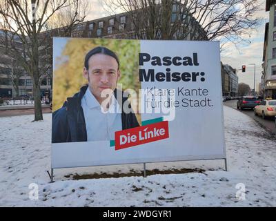 Berlin, Deutschland, 20.01.2024: Wahlplakate zur Teilwiederholung der Bundestagswahl in der Hauptstadt am 11. Februar 2024: Wahlplakat der Linken für Pascal Meiser *** Berlin, 20 01 2024 Wahlplakate zur Teilwiederholung der Bundestagswahl in der Hauptstadt am 11. Februar 2024 Wahlplakat der Linkspartei für Pascal Meiser Copyright: XdtsxNachrichtenagenturx dts 29218 Stockfoto