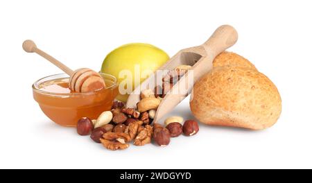 Allergene Lebensmittel. Verschiedene frische Produkte isoliert auf weiß Stockfoto