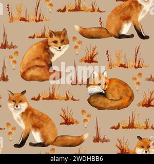 Hand gezeichnetes nahtloses Aquarellmuster mit rotem Wildfuchs in beigem Waldgras auf braunem Hintergrund. Wilde Waldarten Natur, warnen Herbst Druck, orange Fellfauna flauschige Schwanz Stockfoto