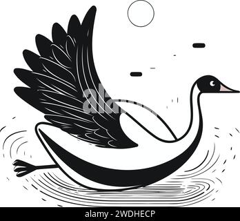Schwarz-weiße Vektor-Illustration einer fliegenden Gans auf dem Wasser. Stock Vektor