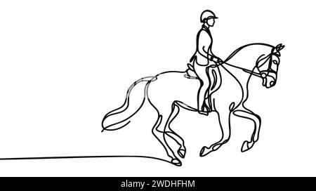 Eine durchgehende Linienzeichnung einer jungen Reiterin in Aktion. Reittraining auf der Rennstrecke. Stock Vektor
