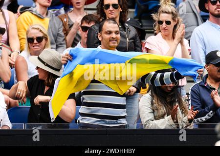 Melbourne, Australien, 21. Januar 2024. Eine ukrainische Flagge wird 2024 beim Australian Open Tennis Grand Slam im Melbourne Park gezeigt. Foto: Frank Molter/Alamy Live News Stockfoto