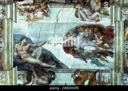 Deckenfresko, die Schöpfung Adams, aufgenommen 1992, Sixtinische Kapelle, Apostolischer Palast, Vatikanstadt, Rom; Italien Stockfoto