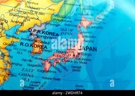 Weltkarte der Grenze zu japan Südkorea und nordkorea Stockfoto