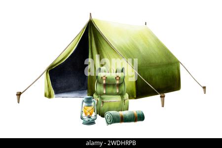 Aquarellkomposition mit grünem Campingzelt, Öl-Kerosin-Laterne und Campingrucksack, zusammengerollter Decke und Schlafsack isolierte Beleuchtung. Stockfoto