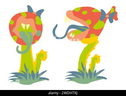 Monster Plant Set Illustration. Vector Fantasy Gruselblume im Gras mit Zunge und Lippen. Abbildung: Flache Botanik, Seiten- und Vorderansicht, isoliert auf Stock Vektor