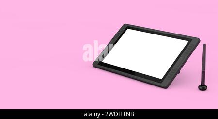 Großer Tablet-Monitor für digitale Grafiken mit Stift und leerem Bildschirm für Ihr Design auf rosafarbenem Hintergrund. 3D-Rendering Stockfoto